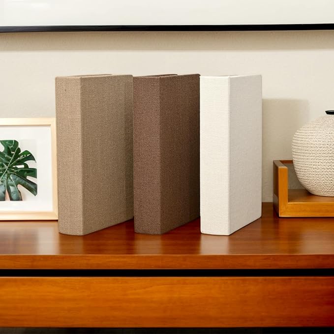 DECOR4SEASON Modern Linen and Wood Decorative Book Boxes, Set of 3 Earthy Neutral Faux Books for Bookshelf Decor, Coffee Table Storage Trays for Remotes & Jewelry, Brown, Taupe, and Off-White