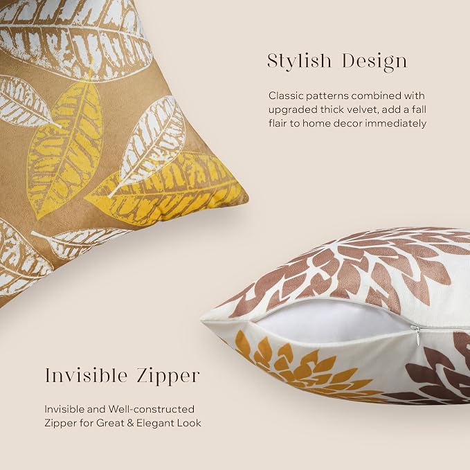 Phantoscope Set of 4 New Living Series Velvet Pillows Leaf Geometric Throw Decorative Velvet Pillow Cover Cushion Cover, Beige Gold 20 x 20 inches 50 x 50 cm