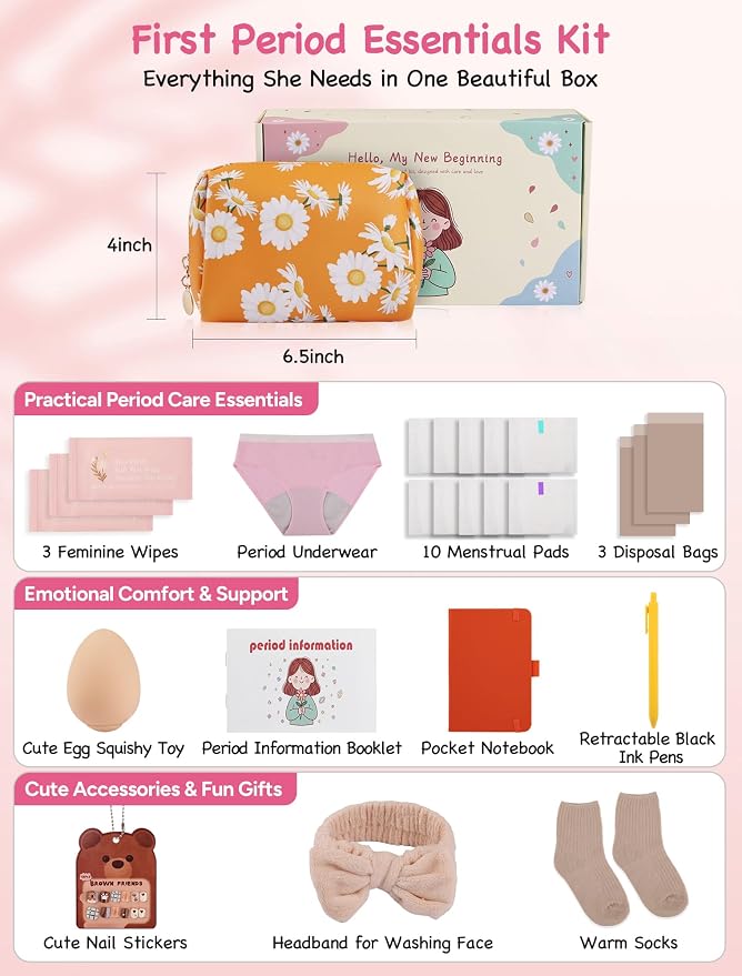 First Period Gift Kit for Girls 9-12 | Complete Tween Period Set with Daisy Yellow Bag, Leak-Proof Panties, Teen Pads, Wipes, Diary, Nail Stickers & More – Perfect for School & Travel (M)