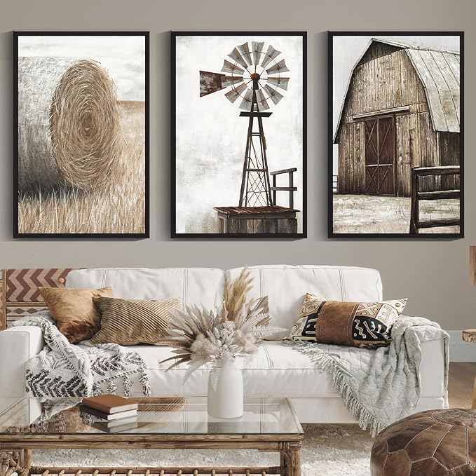 Drsoum Farmhouse Wall Art Vintage Rustic Windmill Barn Cornfield Pictures Framed Painting Landscape Countryside Rural Canvas Artwork Home Decor Ready to Hang 24x36in - Black Framed