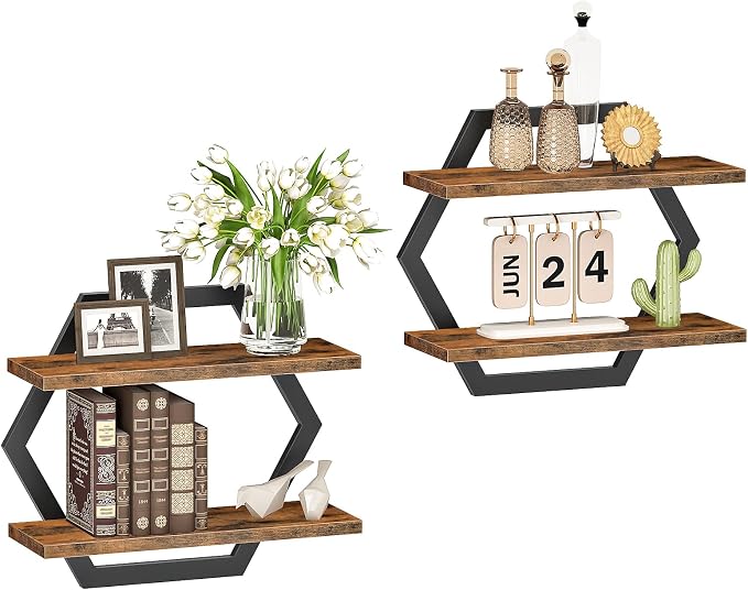 Hexagon Floating Shelves for Wall, Set of 2, 2 -Tier Hanging Shelves, Wall Mounted Storage Shelves, for Living Room, Bedroom, Kitchen, Home Office, Study, Rustic Brown and Black TBJ06P2BF