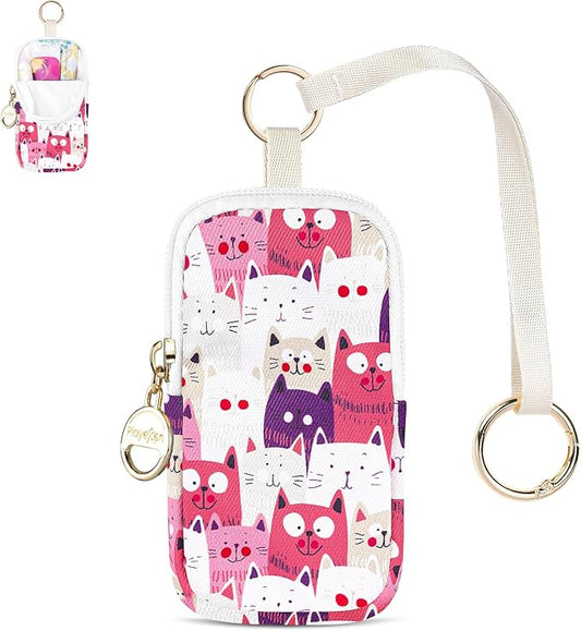 Tampon Holder for Purse, Cute Period Bag with Wristlet Strap, Portable Tampon Bag Organizer Case for Feminine Products (Pink Cats)
