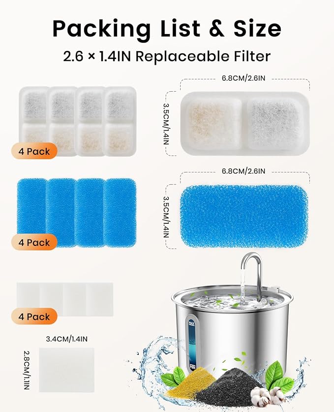 oneisall Cat Water Fountain Filters Replacement, 4 Pack for 67oz/2L Stainless Steel Fountain, Easy to Install and Clean