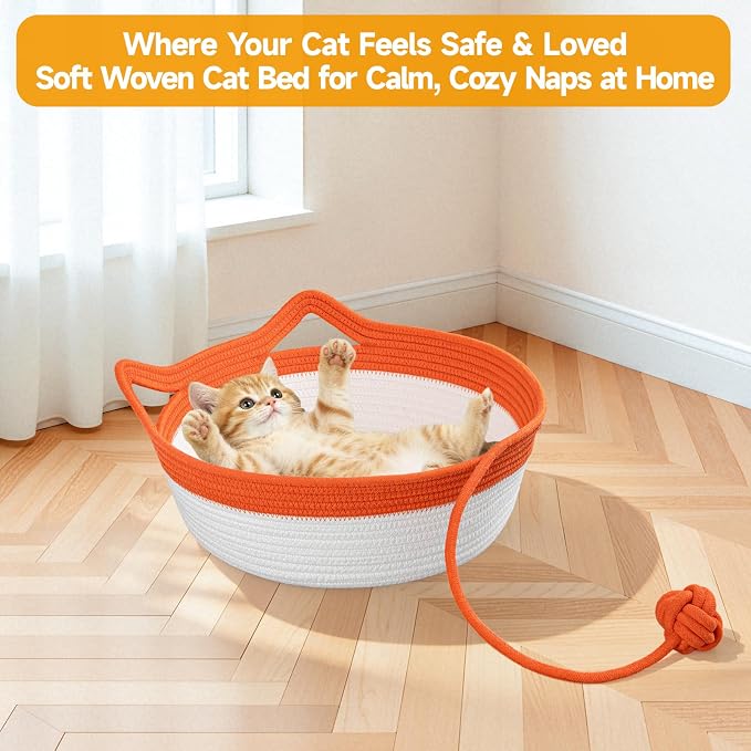Cotton Rope Woven Cat Bed, Instinct Pet Basket with a Play Ball, Large | Foldable Cat Scratcher Basket for Indoor Cats, Puppies, Rabbits and Small Pets, Orange & White