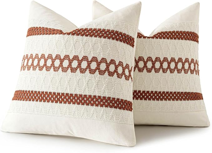 MIULEE Set of 2 Fall Rust Decorative Pillow Covers 18x18 | Farmhouse Boho Couch Throw Pillows, Modern Cotton Cushion Covers, Macrame Woven Home Decor for Bed Sofa Chair
