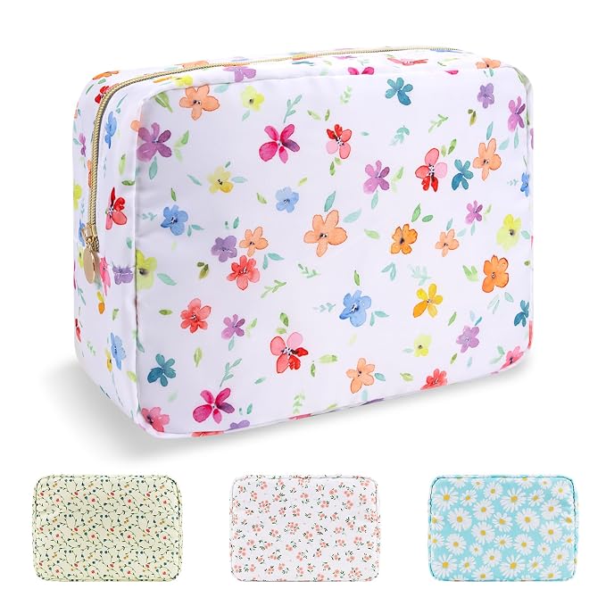 UIXIZQ Waterproof Large Floral Makeup Pouch,Nylon Travel Toiletry Storage Purse Preppy Cosmetic Bag for Women Girl,Large Capacity Makeup Organizer Zipper Pouch for Work(L Colorful-Flowers)