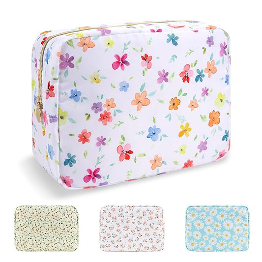 UIXIZQ Waterproof Large Floral Makeup Pouch,Nylon Travel Toiletry Storage Purse Preppy Cosmetic Bag for Women Girl,Large Capacity Makeup Organizer Zipper Pouch for Work(L Colorful-Flowers)