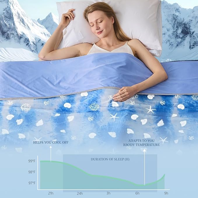 Cooling Blanket Queen Size (90"x90"), Double Sided Ice Cold Blanket for Hot Sleepers, Transfer Heat to Keep Cool, Soft Lightweight for Night Sweats, Bed & Couch, Ocean Design