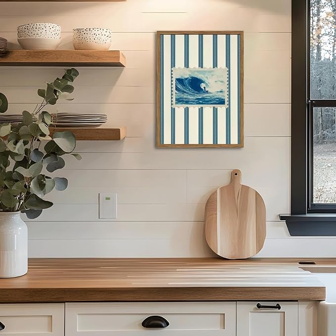 Vintage Surf Stripe Wall Art Trendy Coastal Wall Decor Painting Blue and White Beach Surf Poster Canvas Print for Bedroom Living Room Bathroom 16x24 inch Wood Framed