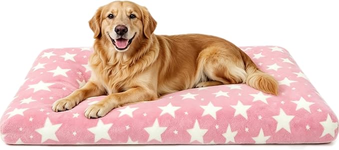 Orthopedic Dog Bed for Large Dogs, Washable Dog Mat with Removable Zippered Cover, Non-Slip Bottom, Comfort Crate Bed (Big&Little Stars Pink, L(35"*23"*3.1"))