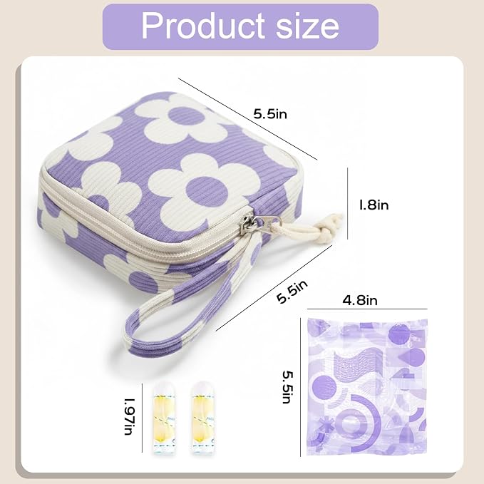 Corduroy Period Pouch for Women, Cute Sanitary Pad Pouch with Zipper, Portable Tampon Holder for Purse, Sanitary Napkin Storage Bag for Travel (BB Purple Flower)