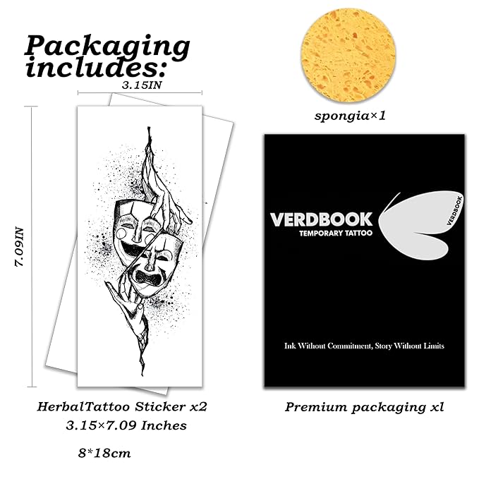 Waterproof Temporary Tattoos: 2-Sheet Tattoo Kit with Realistic Body Stickers, Semi-Permanent Tattoos for Adults Lasting 7-15 Days – Safe for Men & Women, Mask Duality