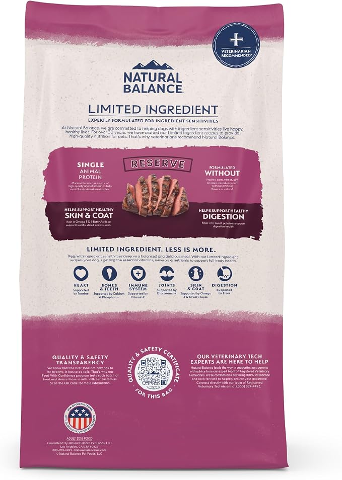 Natural Balance Limited Ingredient Adult Dry Dog Food - Balanced Nutrition for Adult Dogs - Grain-Free, Soy-Free Recipe - Limited Ingredient Formula - 12 lb - Reserve Sweet Potato & Venison Recipe