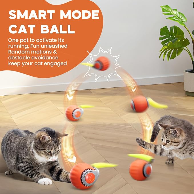 2 Pack Interactive Cat Toy for Indoor Cats, Two Speed Smart Automatic Cat Toy Moving Ball with Tail, Rechargeable Motion Activated Cat Toys for Bored Indoor Adult Cats(Orange & Blue)