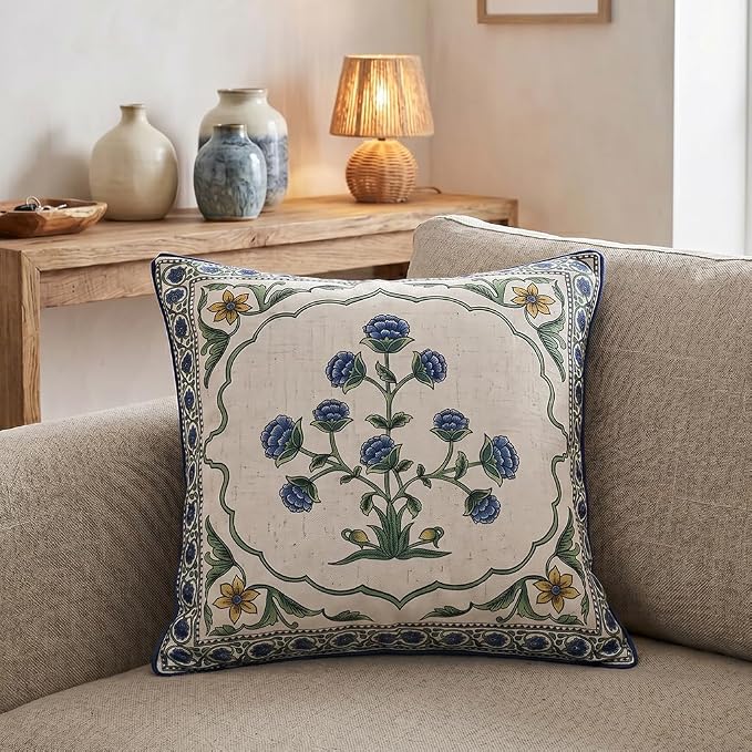 patdrea Designer Vintage Linen Throw Pillow Cover,18"x18",Set of 2-Ivar B | Decorative Pillow Case,Floral Pattern,White Pillow Cover for Couch Living Room Bedroom Sofa Outdoor