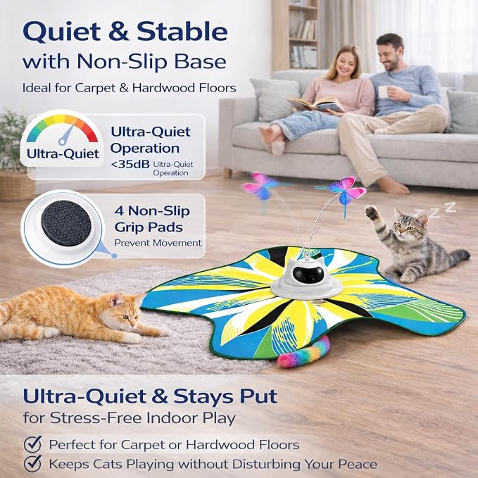 Interactive Cat Toy for Indoor Cats, Rechargeable 3-in-1 Hide and Seek Cat Toy with Spinning Butterfly & Plush Tail, Ultra-Quiet Touch Activated Self Play Cat Exercise Toy for Adult Cats & Kittens