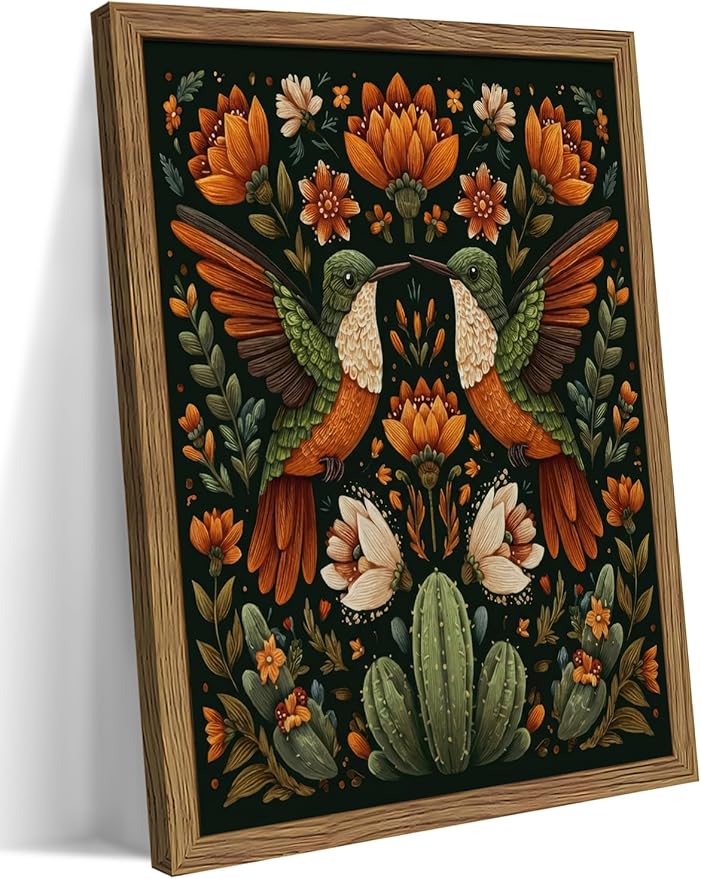 Framed Mexican Hummingbird Wall Art, Vintage Birds Animal Canvas Wall Decor Painting, Colorful Floral Cactus Botanical Poster Print Picture for Living Room Bedroom Bathroom 12x16 Inch