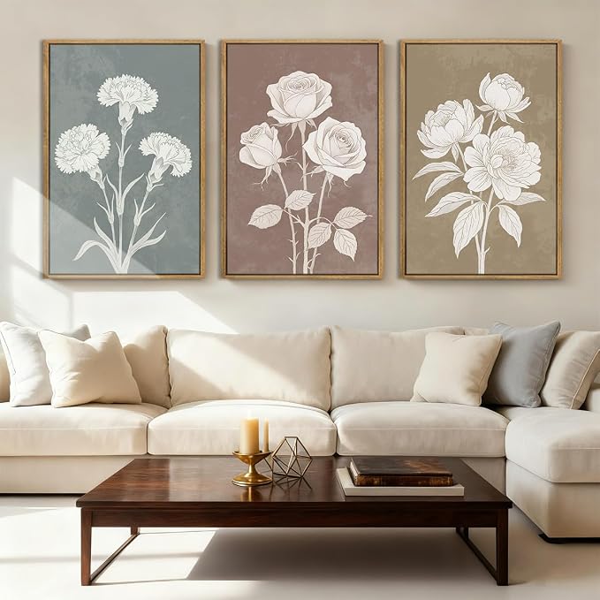 BINCUE Extra Large Neutral Botanical Wall Art Decor Floral Painting Flower Print for Living Room Bedroom Bathroom Dining Room 24x36 Inches 3 Piece