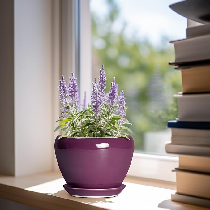 Ceramicfor Ceramic Pots for Plants 6 Inch - Ceramic Plant Pots with Drainage Hole and Saucer, Glaze Round Planter for Succulent Plants, Gifts for Plant Lovers, Garden Home Decor, Purple