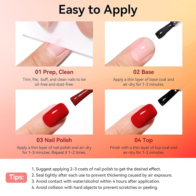 Classic Red Green Blue White Nail Polish Set with Clear Base & Top Coat, French Nail Polishes Non-Gel for All Seasons, Castor Oil, Quick Dry, Vegan,Hema-free, DIY Nails Art Gift for Women