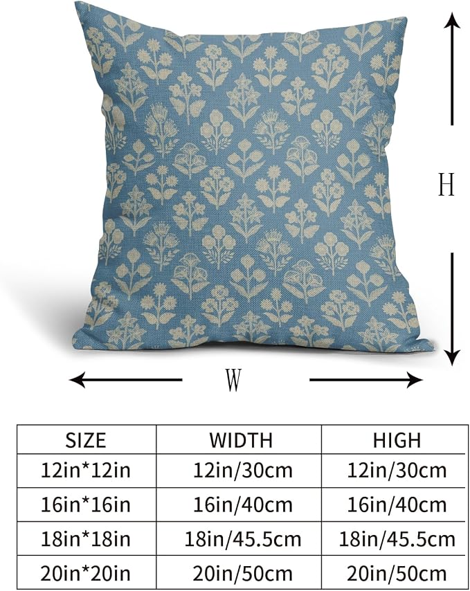 Light Blue Floral Block Print Pillow Covers 18x18 Inch Set of 2, Vintage Flower Pattern Decorative Throw Pillowcases Outdoor Farmhouse Cushion Covers Spring Summer Rustic Sofa Couch Bed Decor