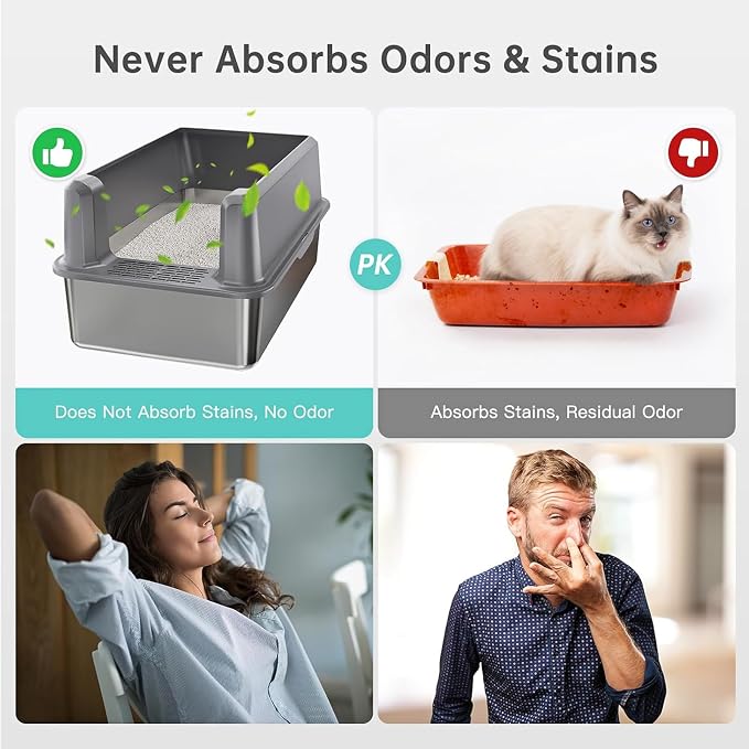 Stainless Steel Litter Box, Open Top High Sided Cat Litter Box for Big Cat | XL, 1 Scoop, Anti-Urine Leakage, Non-Stick Odor-Free, Easy Clean, High Sides Block Spray, Reduce Litter Tracking, Durable