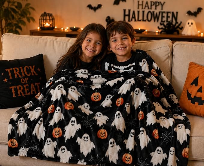Halloween Cute Fleece Throw Blanket, Jack-O-Lanterns, Ghosts & Webs, 50x70 | Ultra-soft cozy flannel fleece, for sofa couch bed chair & dorms, spooky Halloween décor, durable and machine washable.