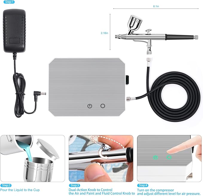 Gocheer Airbrush Kit with Air Compressor, 40 48 PSI High Pressure Air Brush Non-Clogging with 0.2/0.3/0.5mm Nozzle/Cleaning Sets, Ideal for Painting, Modeling, Cake Decor, Makeup (Silver, 40 PSI)