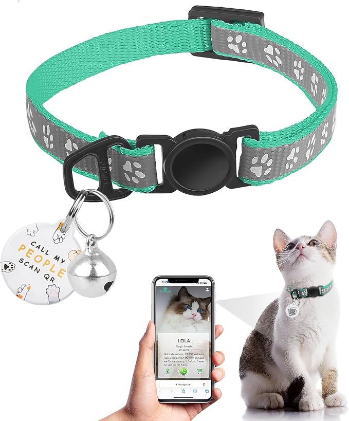 Breakaway Reflective Cat Collar with QR Name Tag & Bell (Mint Green)
