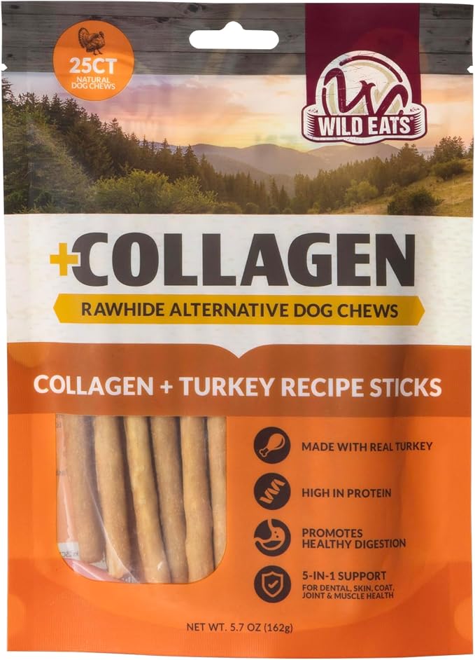 Wild Eats Turkey Collagen Sticks for Dogs 25 Pack, Bully Stick Alternative | Rawhide and grain free no hide chew treats, 0.6 cm chew width, high protein, long lasting, satisfies natural gnawing urges
