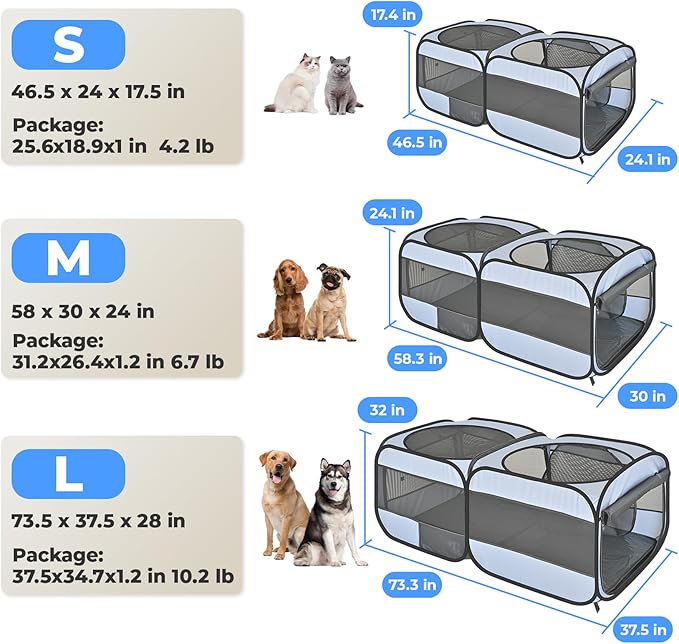 2-in-1 Pop Up Cat Playpen, Detachable into 2 Separate Pens with Additional Doors, Assembly-Free Portable Dog Crates Pet Pen Tent Kennel Kitten Puppy Enclosure Cage Indoor Outdoor Foldable Condo(M)
