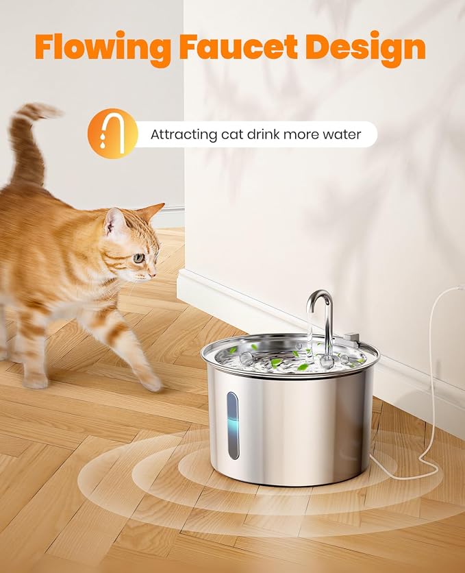 oneisall Stainless Steel Cat Water Fountain,PWF 001 | Quiet Pump＜30 dB, Faucet Spout Design, with 2 Replacement Filters for provide a fresh water