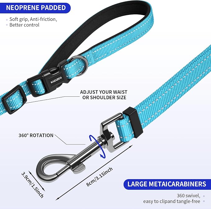 Kazazoo Hands-Free Dog Leash Adjustable Length 5-8 Ft Crossbody &Waist for Dog Walking, Running for Small &Medium Dogs with Reflective Strips, Ballistic Nylon, Waist Belt, Sky Blue