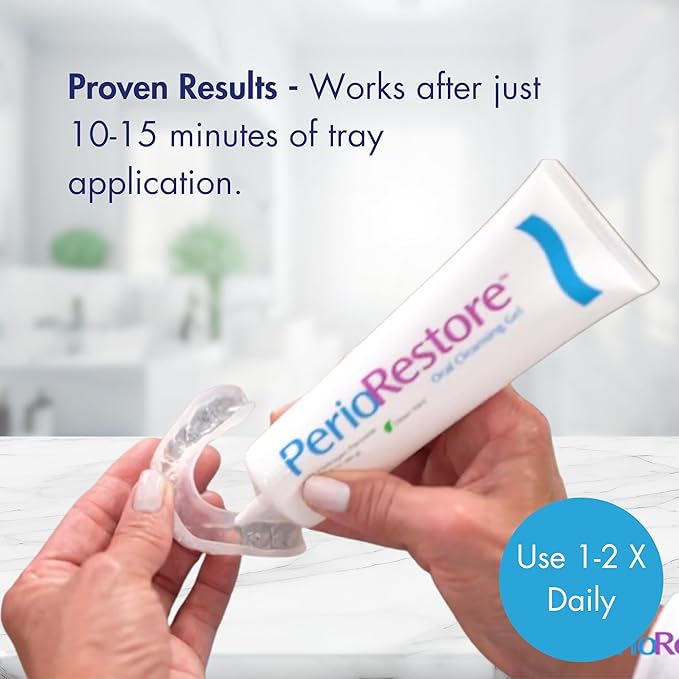 Perio Restore® Gel 3 Ounce Tube; 3 Pack. 1.7% Hydrogen Peroxide Oral Cleansing Treatment Gel. Includes Two (2) Trays for Ease of Application. Mint Flavor