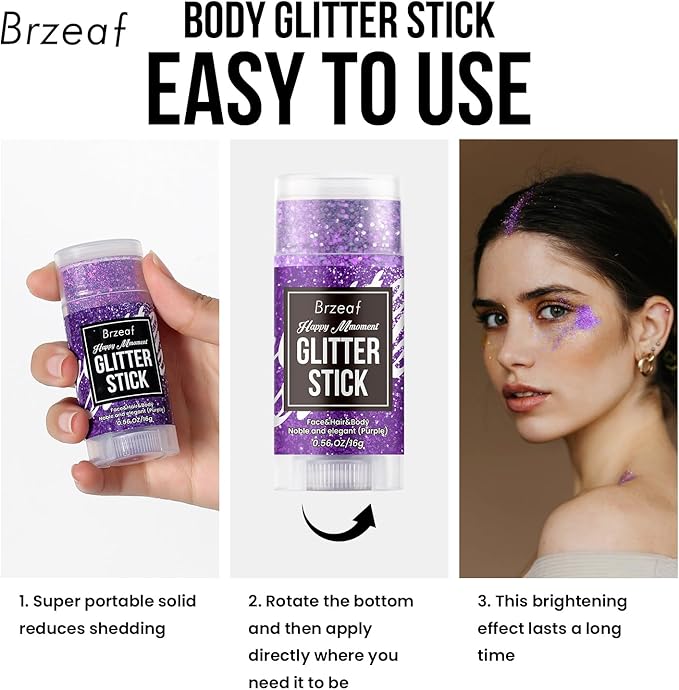 Brzeaf Waterproof Purple Glitter Stick, Not Greasy & Shimmery & Long Lasting, Chunky Glitter for Face/Body/Hair/Eyes, Singer Concert Music Christmas Rave Festival, Glitter Stick Makeup for Women Men