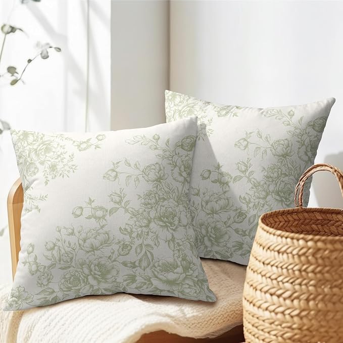 Kawani Chinoiserie Floral Throw Pillow Covers 22x22 Set of 2 Oriental Vintage Green Flowers Decorative Square Pillow Cases Cotton Linen Cushion Cover for Bedroom Sofa Couch Home Decor