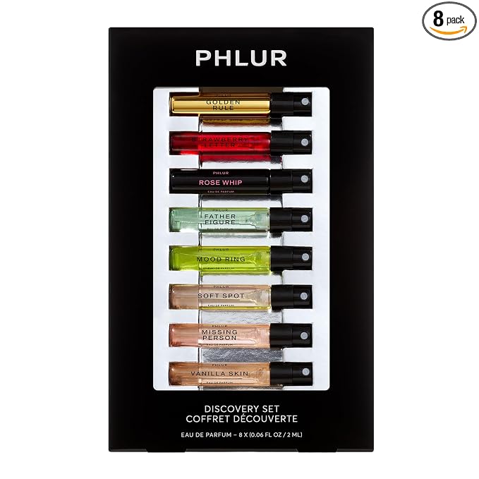 PHLUR Fragrance Discovery Set (2025) - 8pc Perfume Sample Set ft. New Releases Vanilla Skin, Rose Whip & Golden Rule - 2mL Mini Perfume Fine Fragrance Samples (8 x 2mL)