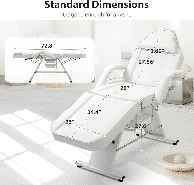 Facial Bed Tattoo Chair with Two Trays Esthetician Beds Adjustable Folding Salon Bed with Hydraulic Stool Massage Chair for Professional Massage Facial Lash Beauty Treatment Spa White