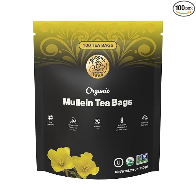 Buddha Teas - Organic Mullein Leaf Tea Bags - For Health & Wellbeing - With Antioxidants & Minerals - Clean Ingredients - Caffeine Free - OU Kosher & Non-GMO - 100 Non-String Tea Bags (Pack of 1)
