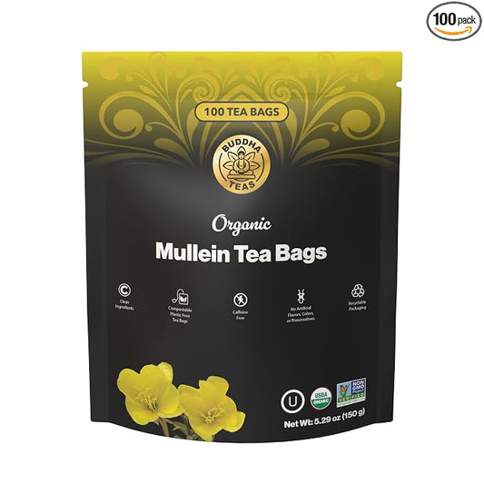 Buddha Teas - Organic Mullein Leaf Tea Bags - For Health & Wellbeing - With Antioxidants & Minerals - Clean Ingredients - Caffeine Free - OU Kosher & Non-GMO - 100 Non-String Tea Bags (Pack of 1)