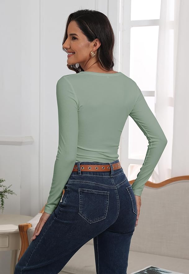 Roselux Womens Long Sleeve Scoop Neck Ribbed Knit Fitted Casual Tops Tee Slim Basic Shirts