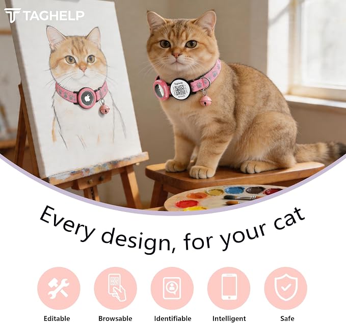 Waterproof Breakaway Cat Collar with Paw Prints - Secure Apple AirTag Holder, Smart QR Code Tag for Instant Location Alerts (No App), Adjustable GPS Tracker Collar for Cats (Pink)