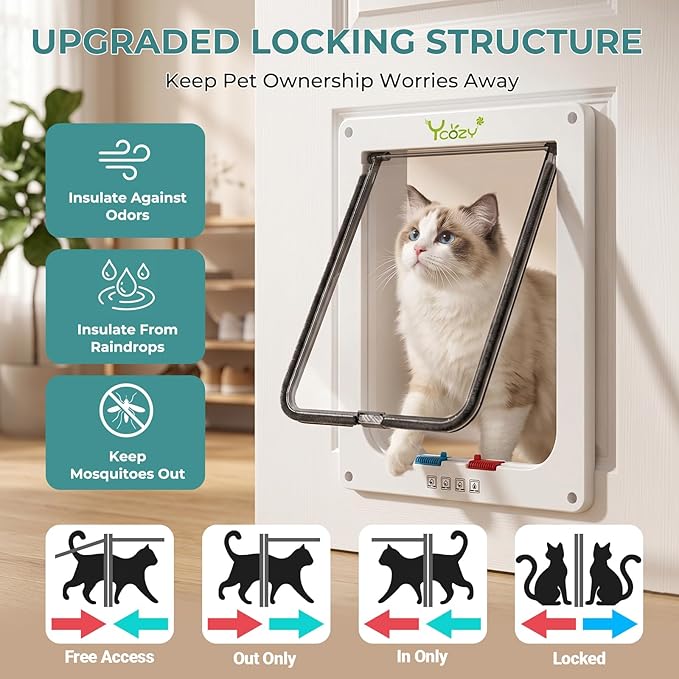 Ycozy XL Cat Doors Outer Size 11" x 9.8" 4-Way Locking Indoor Pet Door for Interior Exterior Door Wall Window, Weatherproof Cat Flap for Kittens & Dogs Easily Install