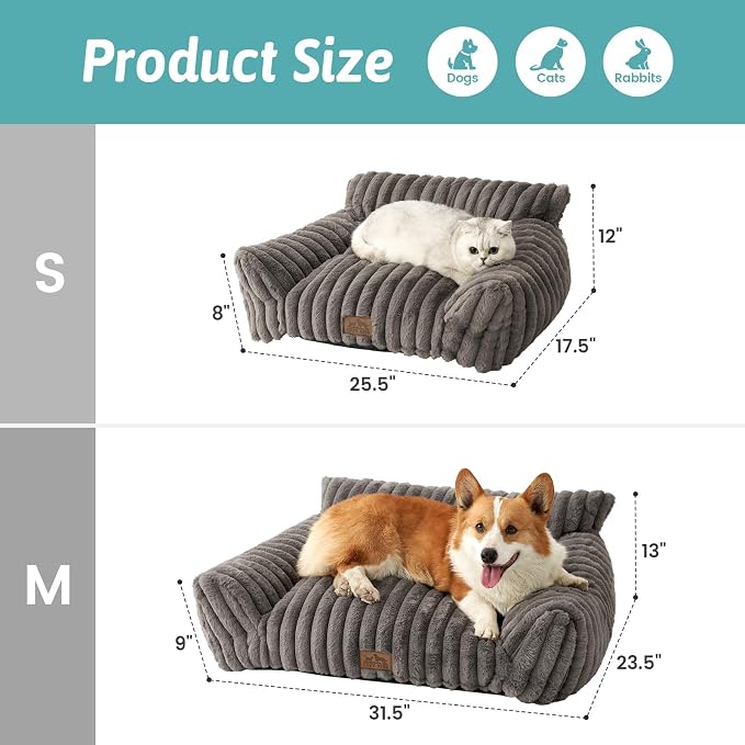 COZY KISS Cute Cat Couch, Fluffy Sofa Bed for Cats and Small Dogs, Premium Faux Rabbit Fur Cats beds for Indoor Cat, Ultra-Soft Supportive Pet Couch Furniture (Grey, S: 25.5''x17.5'')