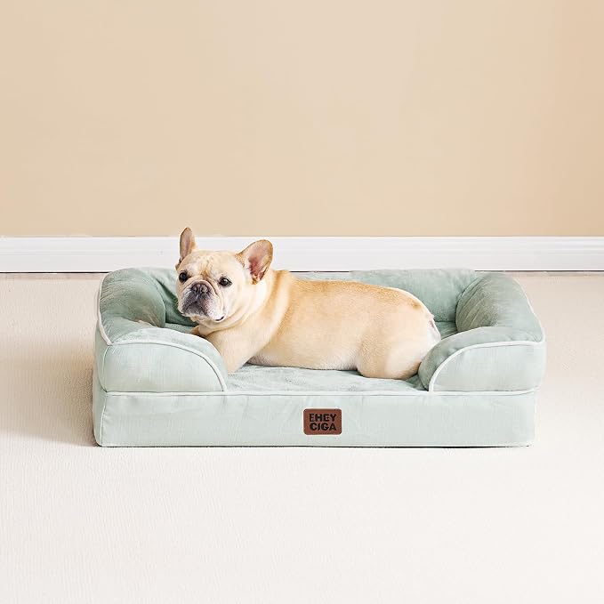 EHEYCIGA Orthopedic Large Dog Bed, Waterproof Memory Foam, Non-Slip Bottom, Sage Green, 35"L x 22"W x 6.5"Th | Non-Slip Bottom and Egg-Crate Memory Foam Dog Couch Bed with Washable Removable Cover, Sage Green