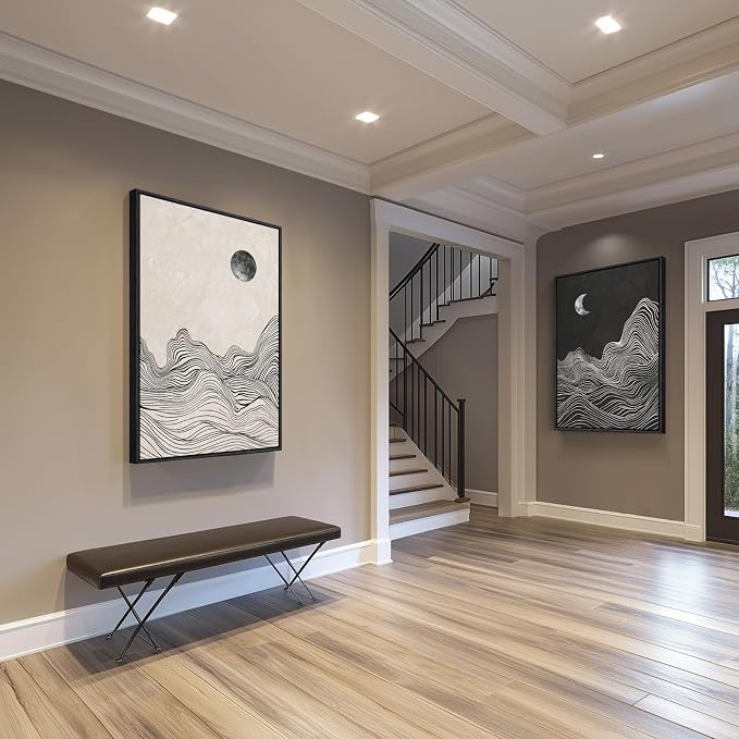 Large Framed Black and White Abstract Wall Art for Living Room, Set of 2 Modern Canvas Prints Paintings Artwork for Walls, Abstract Mountain and Moon Pictures for Bedroom Hallway Wall Decor 24x36 In