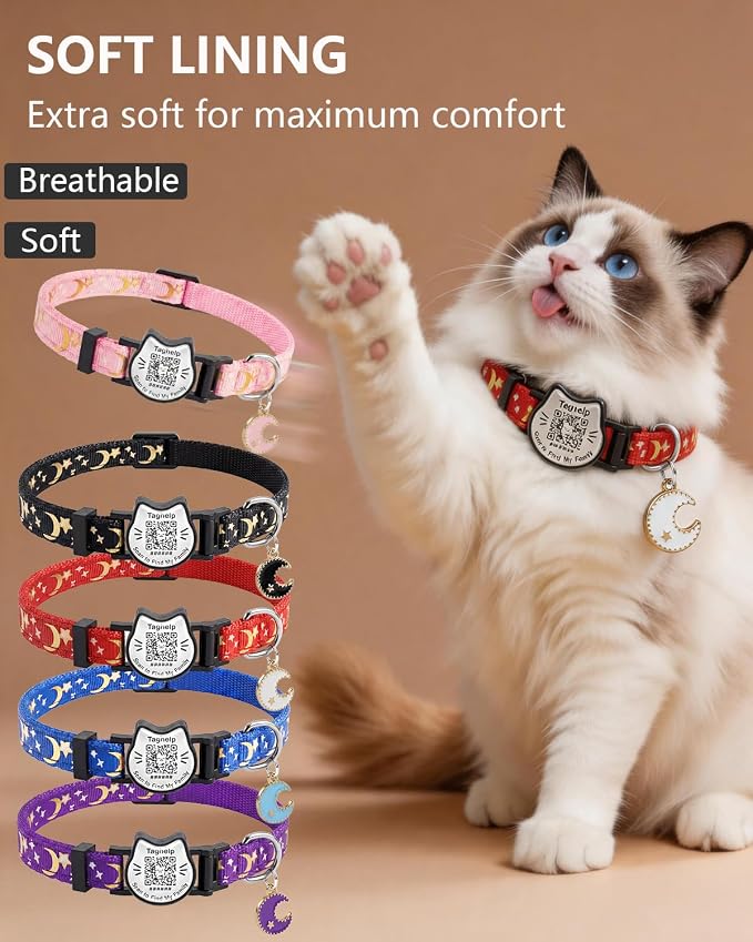 Smart QR Code Cat Collar with Online Profile - Breakaway Safety Kitten Collar with Cute Stars and Moon Design, Adjustable Collar for Girl Boy Cats & Small Pets - Red Color Spring Pet Gifts (Red)