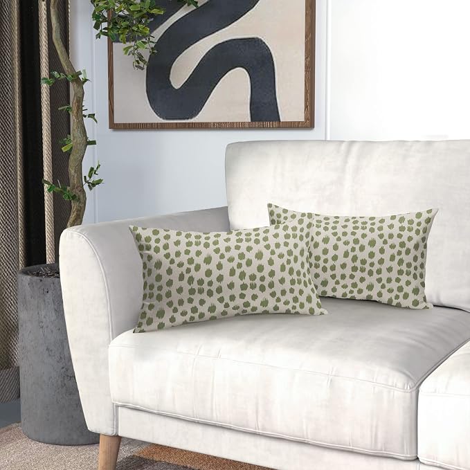 Sage Green Cream Pillow Covers 12x20 Set of 2 Boho Design Polka Dot Throw Pillows Modern Brush Strokes Print Decorative Outdoor Pillowcase Lumbar Cushion Cover Linen Pillow Case for Sofa Couch Bed