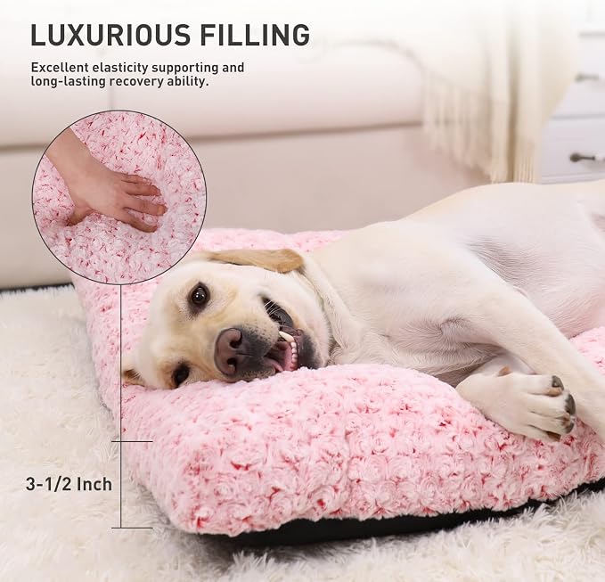 KSIIA Washable Dog Bed Medium Size Dog Crate Bed Plush Pet Mat 35"x23" Pink | Deluxe Plush Comfy Kennel Pad, Anti-Slip Bottom,Deep Sleeping Mat for Medium Dogs,Machine Washable for Easy Cleaning