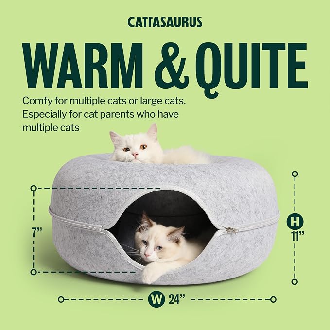 Peekaboo Cat Cave Donut for Multiple & Large Cats up to 30-45 lbs, 3-in-1 Self Warming Cat Bed, Tunnel & Scratcher for Indoor Cats, Washable & Detachable Small Dog Bed (Light Gray, Large)
